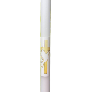 Grand cierge bapteme blanc D2/H60cm, croix dorée et colombe