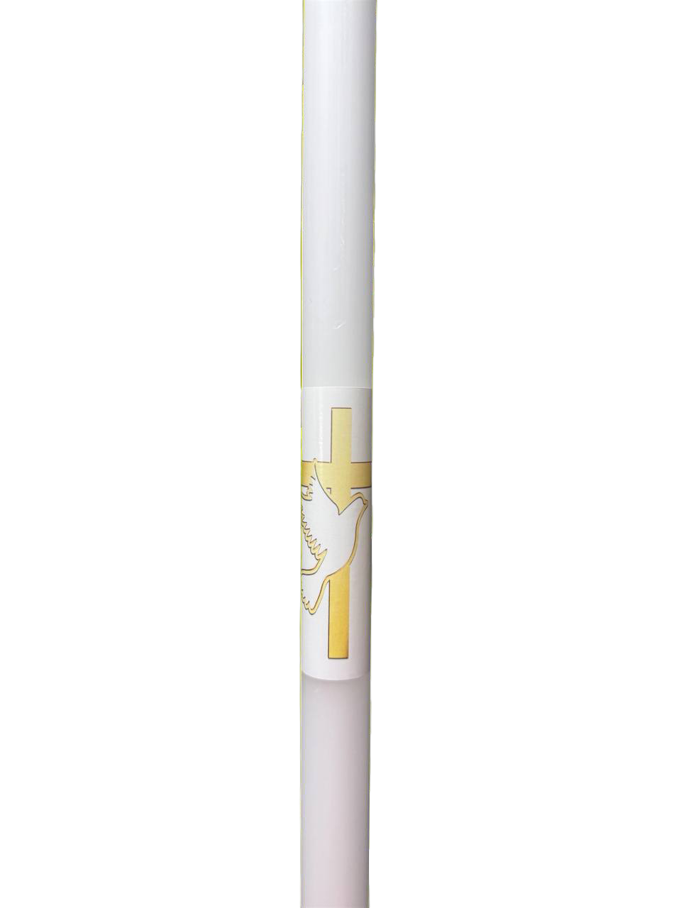 Grand cierge bapteme blanc D2/H60cm, croix dorée et colombe